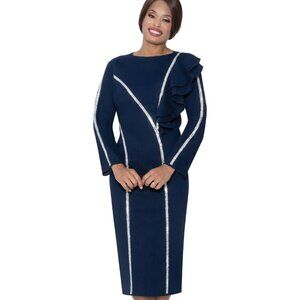 Devine Sport Navy Blue Midi Dress with Silver Trim & Ruffle Accent